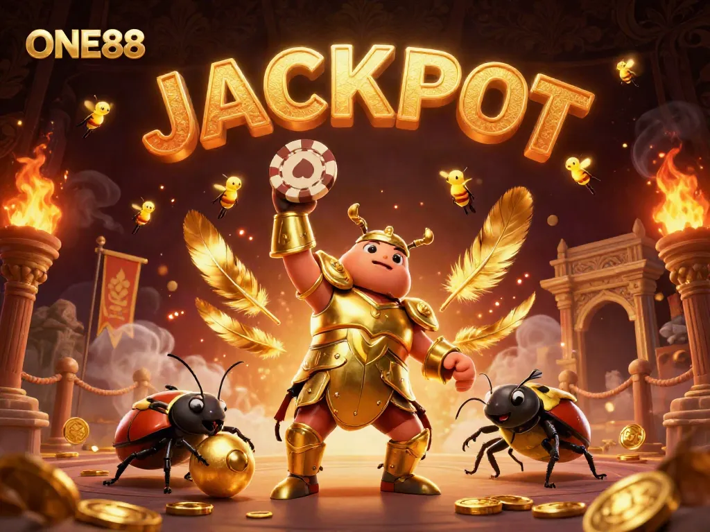 ONE88 features a victorious beetle in gladiator armor lifting a poker chip in a dynamic casino-themed scene.