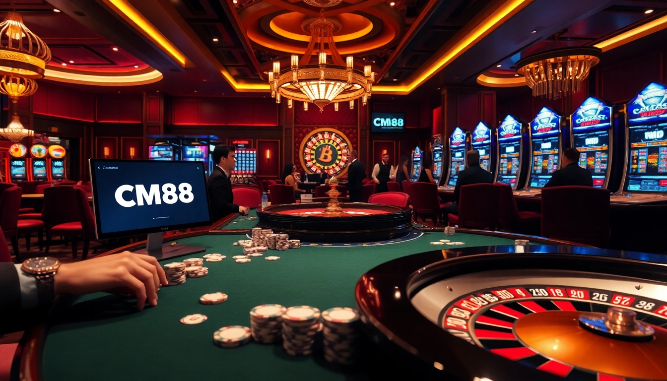 This image depicts a vibrant casino scene emphasizing the link cm88 mới nhất, featuring poker chips, cards, and an illuminated roulette wheel.