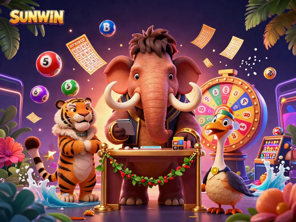 SUNWIN invites gamblers into a vibrant casino scene with dynamic lottery elements and engaging characters.