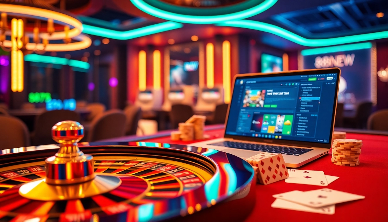 Engaging casino scene with 888NEW gaming interface, roulette wheel, and poker chips.