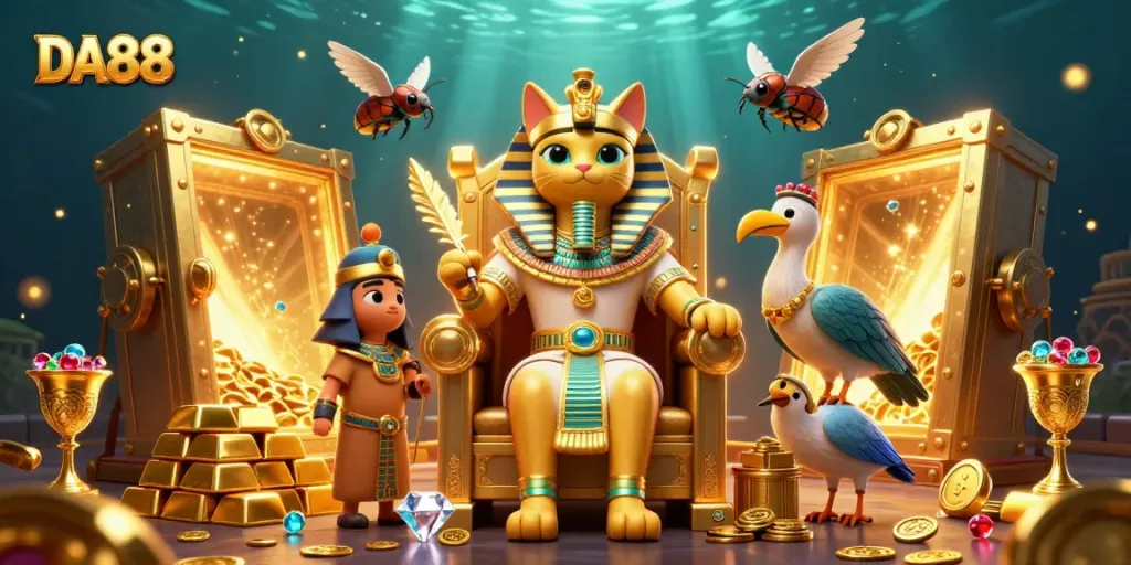 Experience DA88's thrilling energy with a vibrant Egyptian-themed casino illustration, featuring dynamic treasures.
