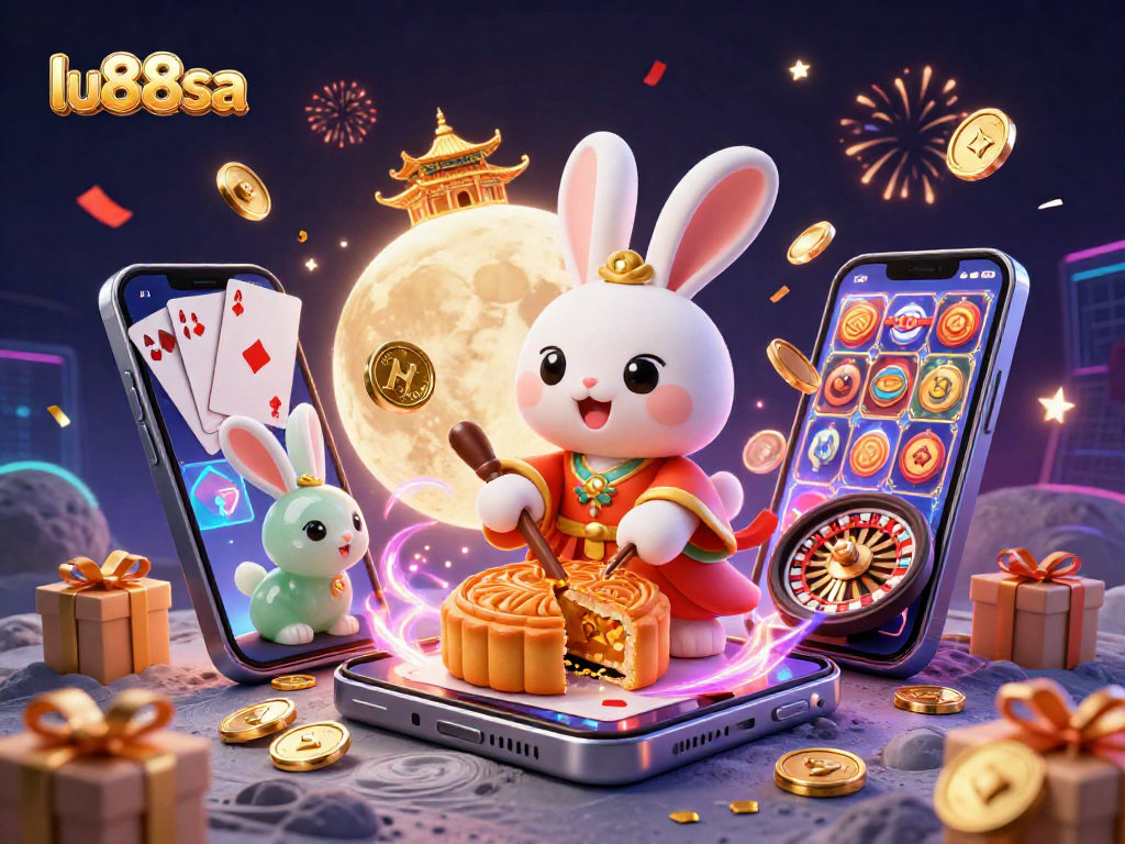 Engage with the thrilling casino world at lu88sa featuring moon rabbit folklore elements, poker chips, and slot games.