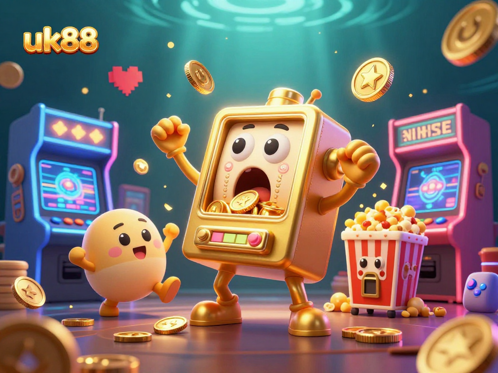 Experience the excitement of uk88 as the golden slot machine hits a jackpot, surrounded by cheering companions.
