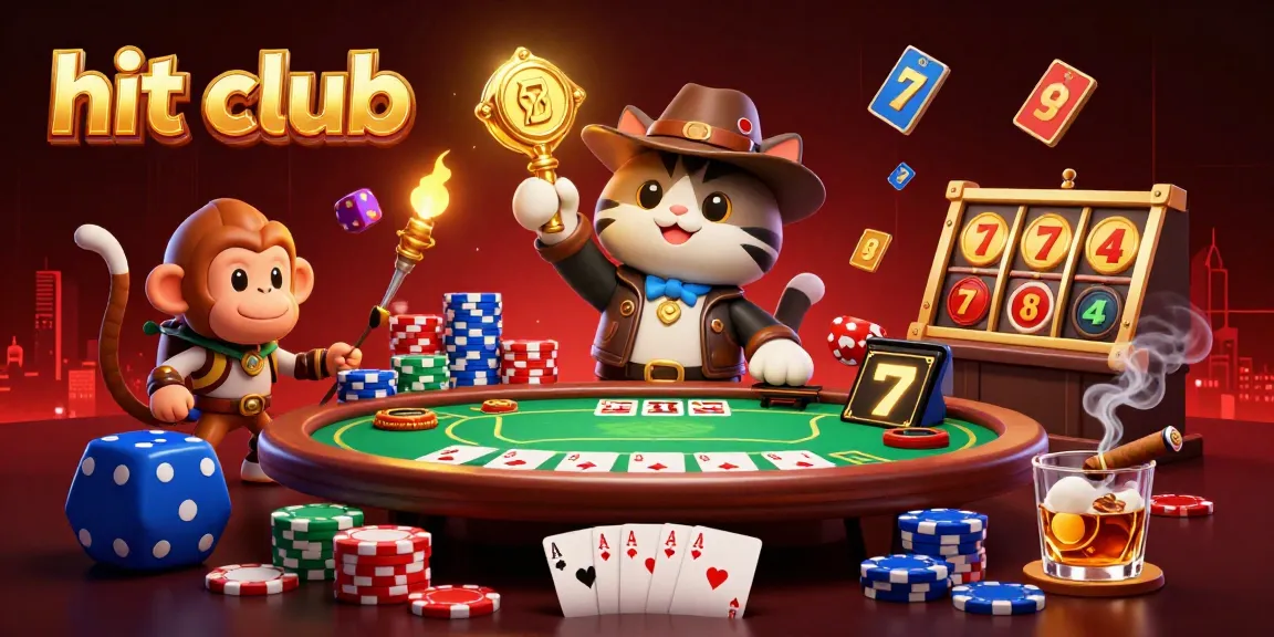Engage with hit club's vibrant 3D illustration of a cat explorer discovering casino treasures amidst colorful poker elements.