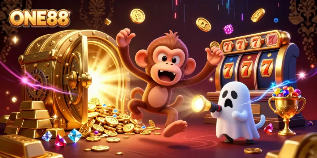 ONE88 showcases a mischievous poltergeist monkey juggling casino treasures in a vibrant haunted setting.