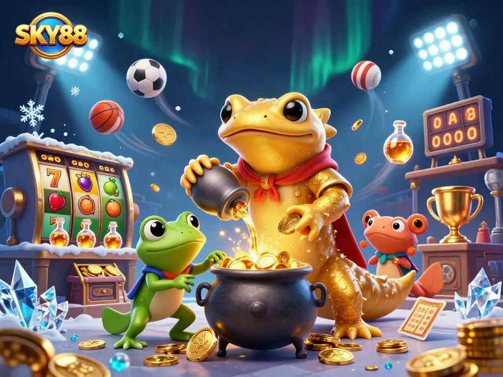 Experience the thrill of SKY88 with dynamic slots and exciting casino elements in a magical scene.