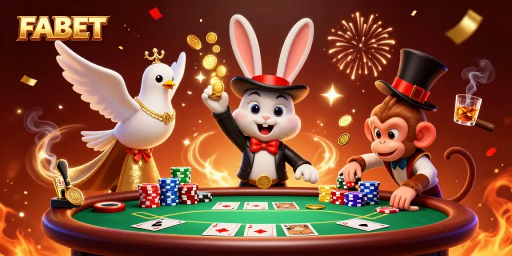 FABET captivates with a magician rabbit, coins, and poker chips in an exciting casino scene.
