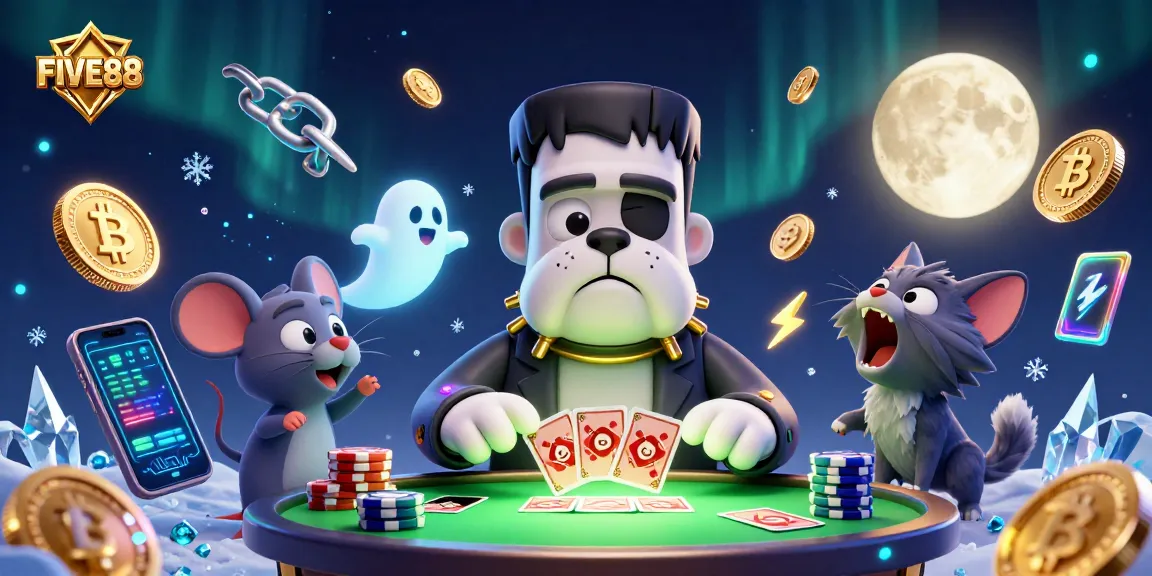FIVE88 showcases a vibrant casino scene with cartoon characters engaged in lively card games.