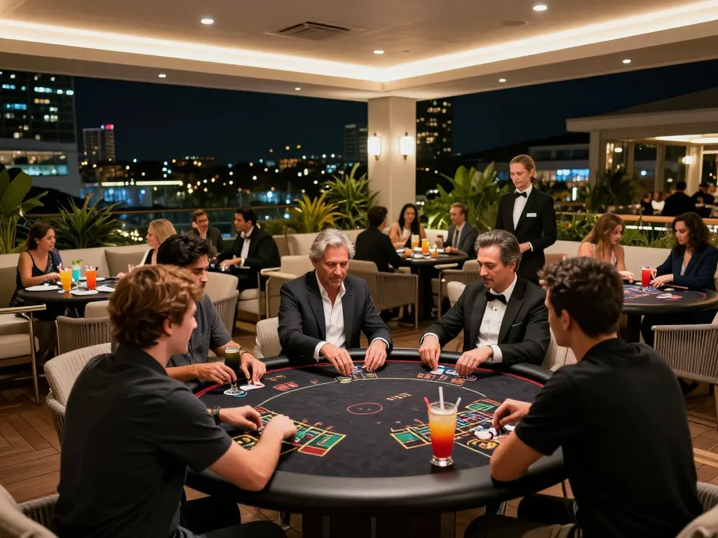 Players strategizing at BL555 blackjack table under soft evening lighting, creating a vibrant gambling atmosphere