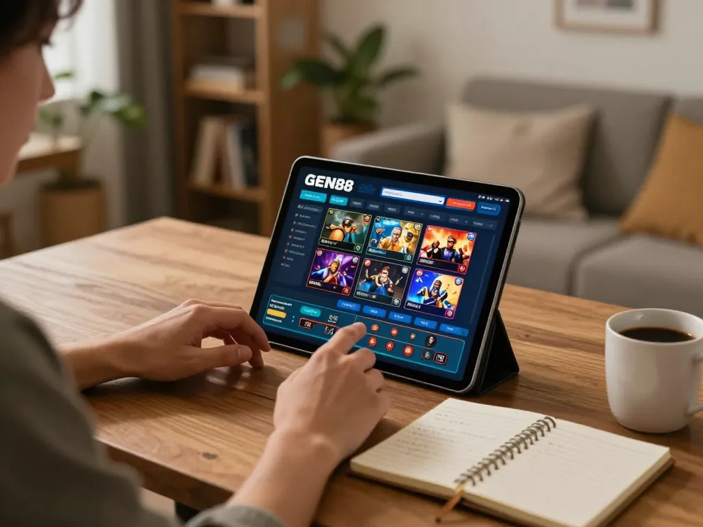 Person engaging in online betting at GEN88, showcasing strategic gameplay with tablet and notes.