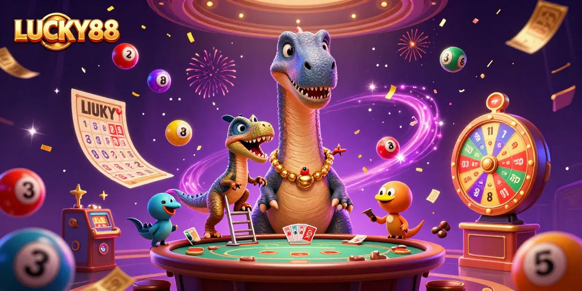 Engage with LUCKY88's vibrant casino experience featuring a giant brontosaurus and dynamic game elements.