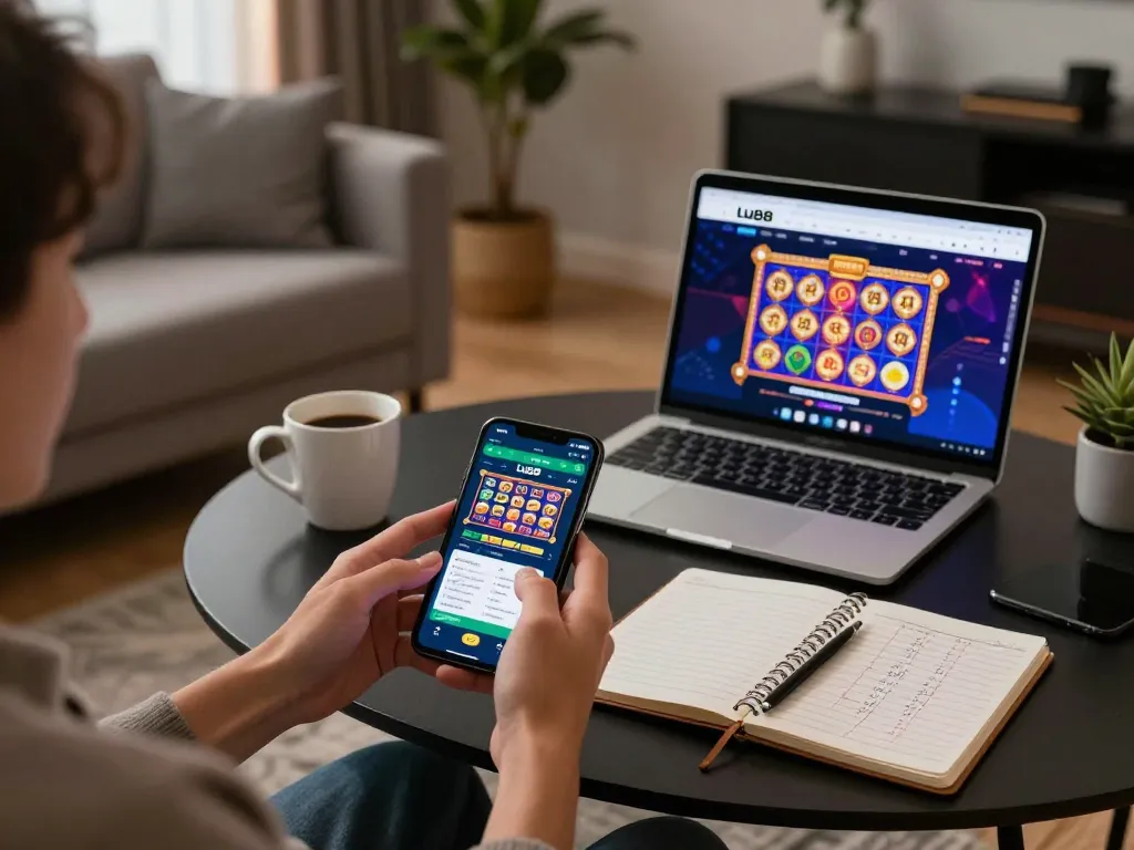 Engaging with the Lu88 mobile casino app shows vibrant slot graphics and strategic notes.