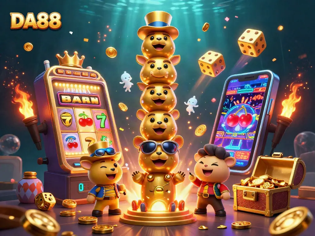 Drive your excitement with DA88's dynamic gaming experience, showcasing vibrant slot machines and lively casino elements.