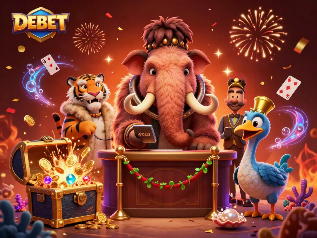 Experience the vibrant DEBET gaming scene with furry bouncers and colorful casino elements