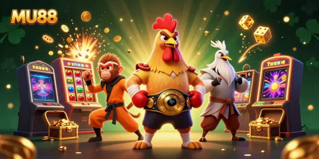 Experience the excitement of MU88's vibrant casino world with a dynamic illustration of game elements and characters.