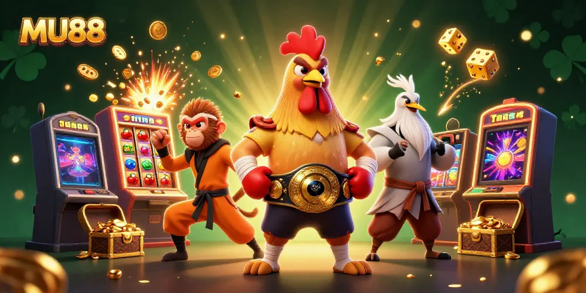 Experience the excitement of MU88's vibrant casino world with a dynamic illustration of game elements and characters.