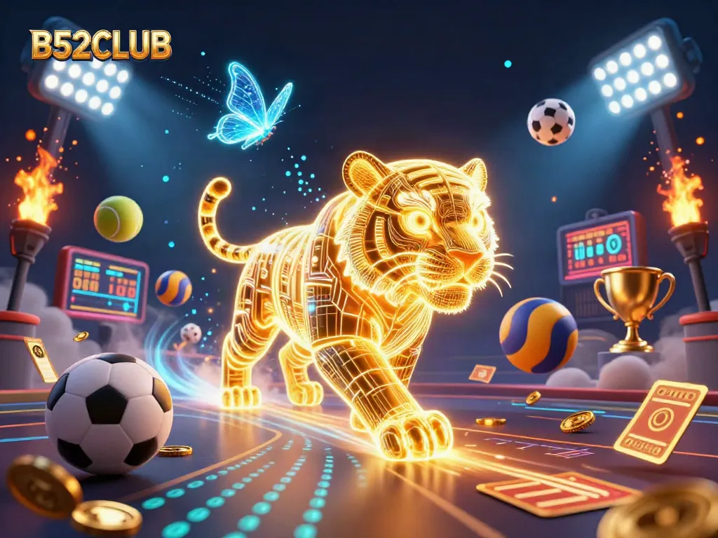 Engage with B52CLUB's dynamic casino atmosphere featuring a glowing light energy tiger and immersive game elements.
