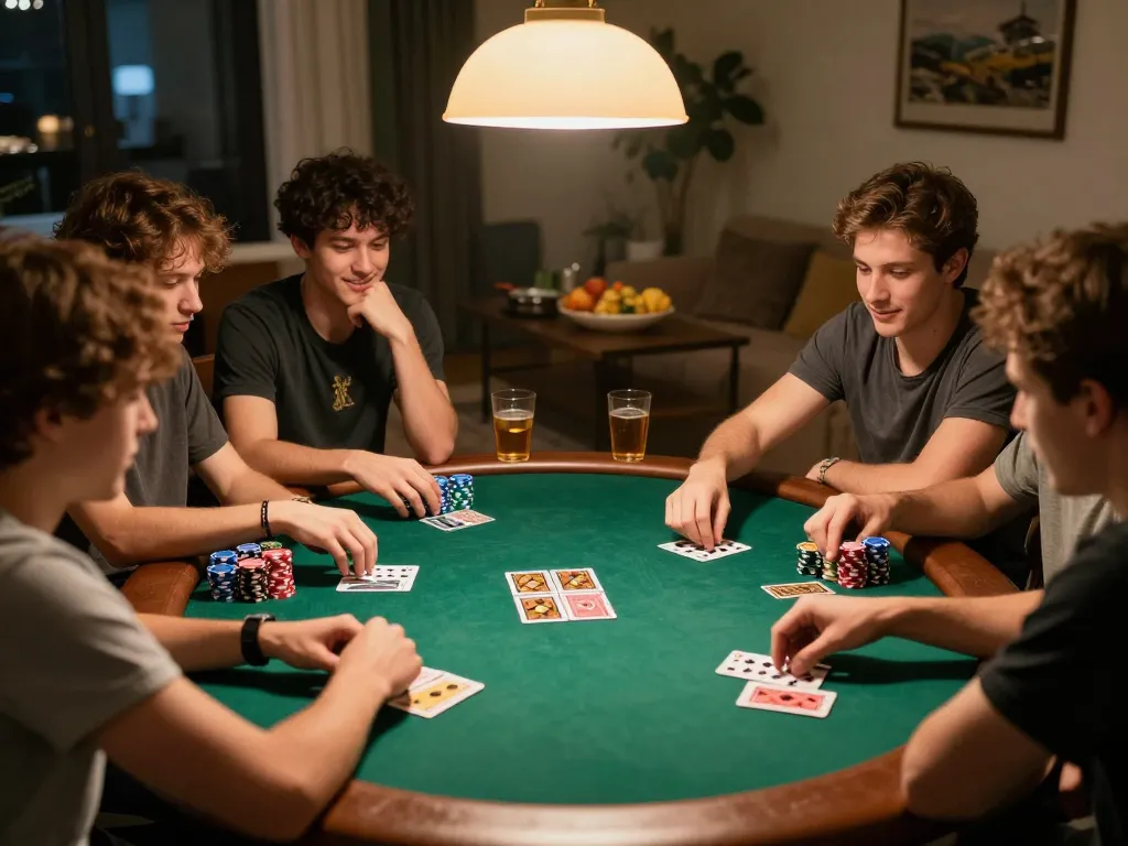 Friends enjoying a lively poker night at home, showcasing excitement and strategy at trang chủ xx88 gaming.