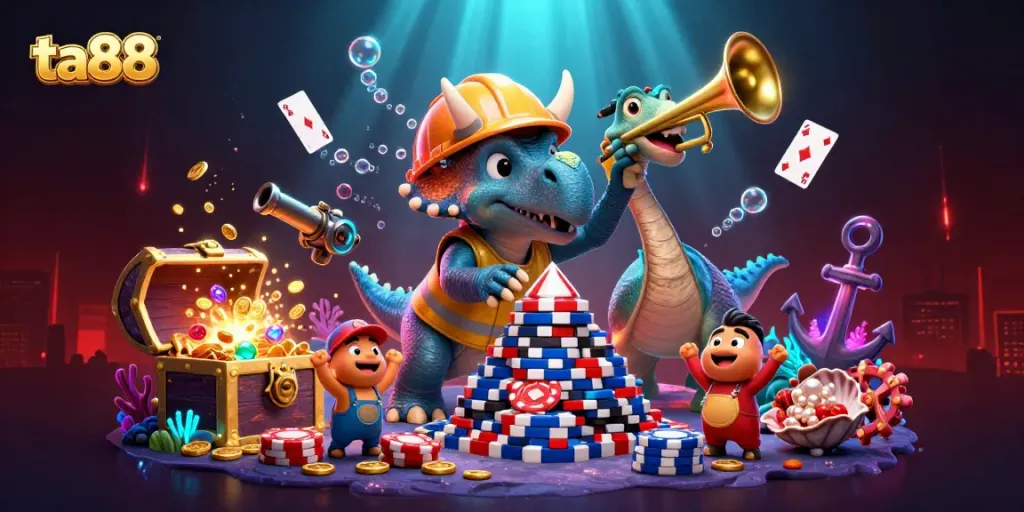 Engage with ta88 as a triceratops builds poker chips in a lively casino scene.