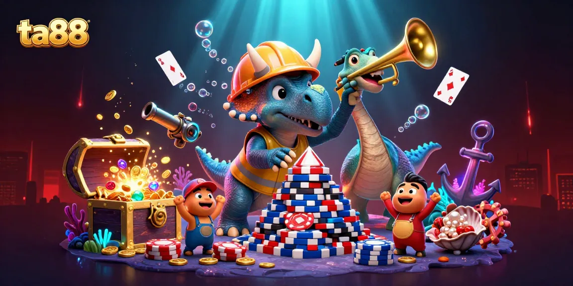 Engage with ta88 as a triceratops builds poker chips in a lively casino scene.
