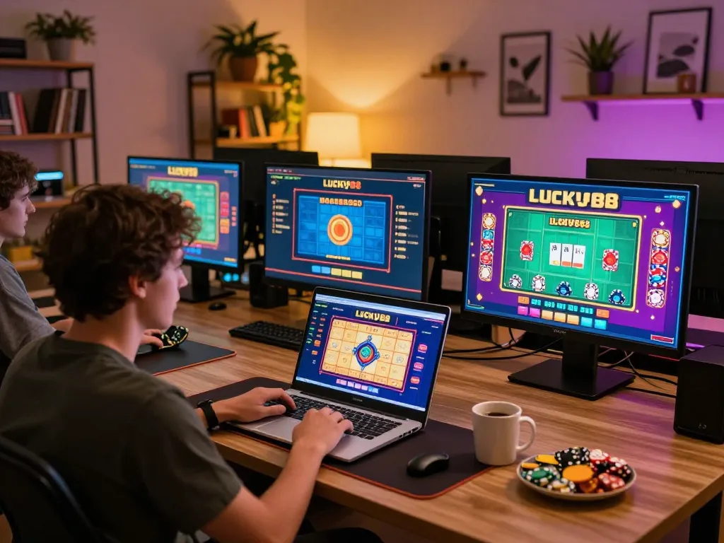 LUCKY88 player immersed in online casino gaming with vibrant screens and warm ambiance