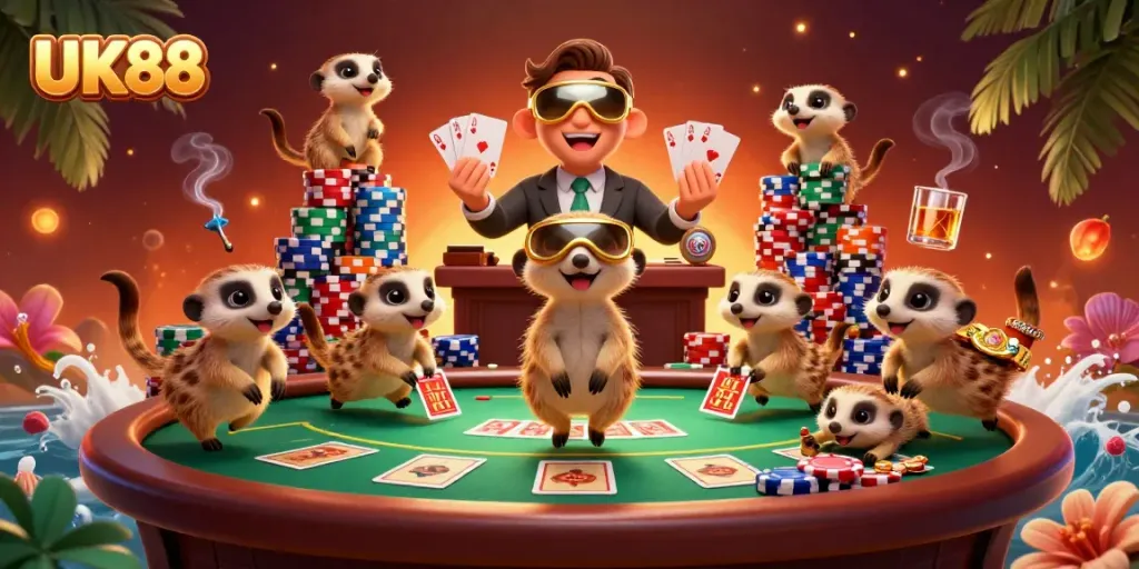 Experience the excitement of UK88 with meerkats managing a vibrant casino scene.
