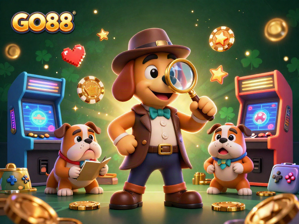 Explore exciting gaming with GO88 in a detailed 3D casino scene featuring unique character clues.