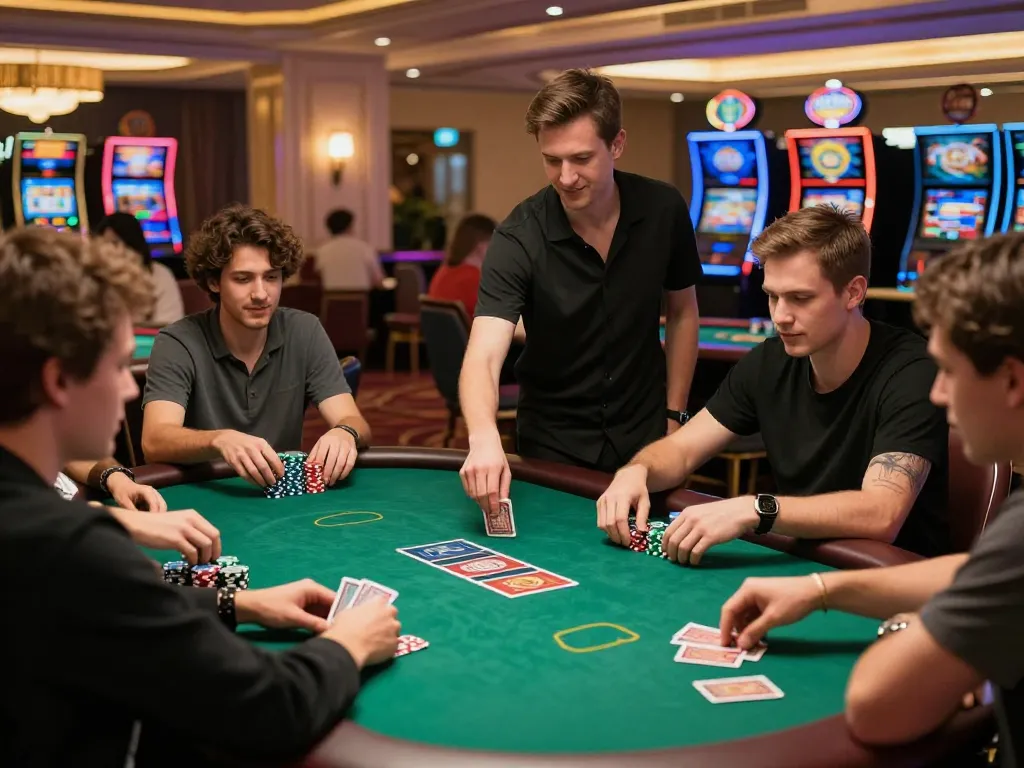 Exciting poker gameplay at a casino with players engaged around a table, showcasing the thrill of sapporo-dogscafe gambling.