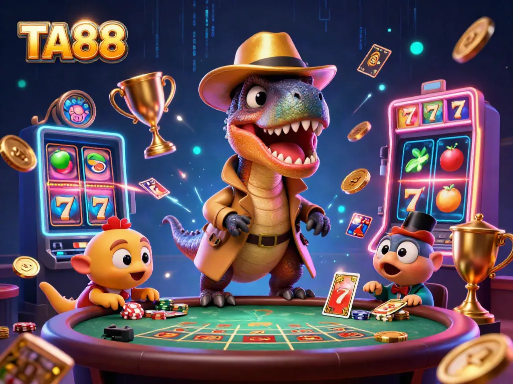 TA88 showcases a dynamic casino scene with a velociraptor card counter and stegosaurus pit boss in action.