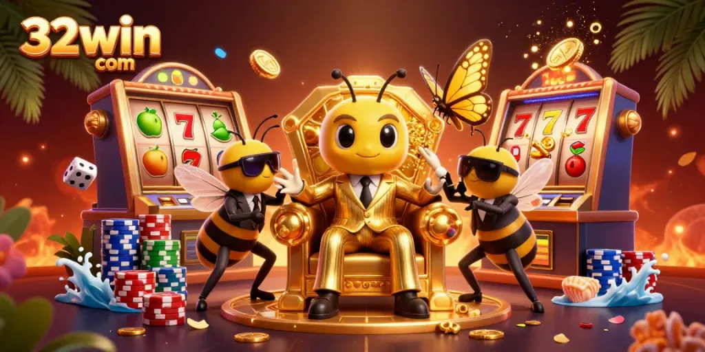 Experience the excitement of 32win com with a vibrant casino illustration featuring dynamic gambling elements.