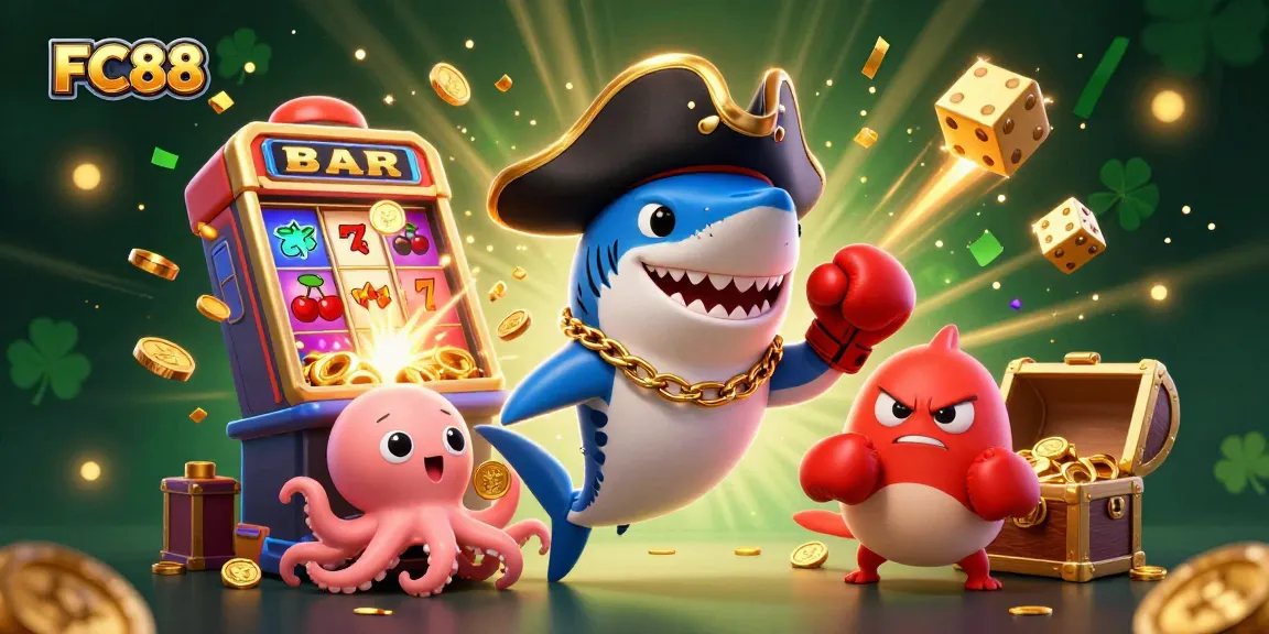 Engage in thrilling gameplay with FC88 as the pirate shark, pufferfish, and octopus celebrate jackpot wins.