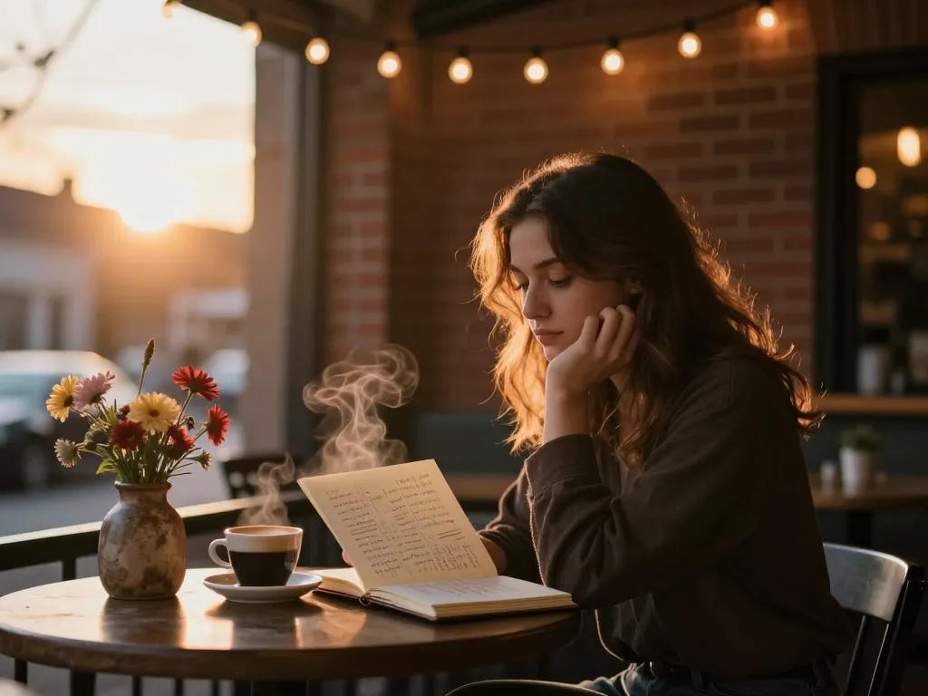 Young woman reflecting on her crush in a cozy café setting with a warm sunset glow.