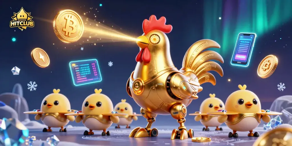 Engage in thrilling gaming at HITCLUB with a stunning golden rooster robot and crypto themes.