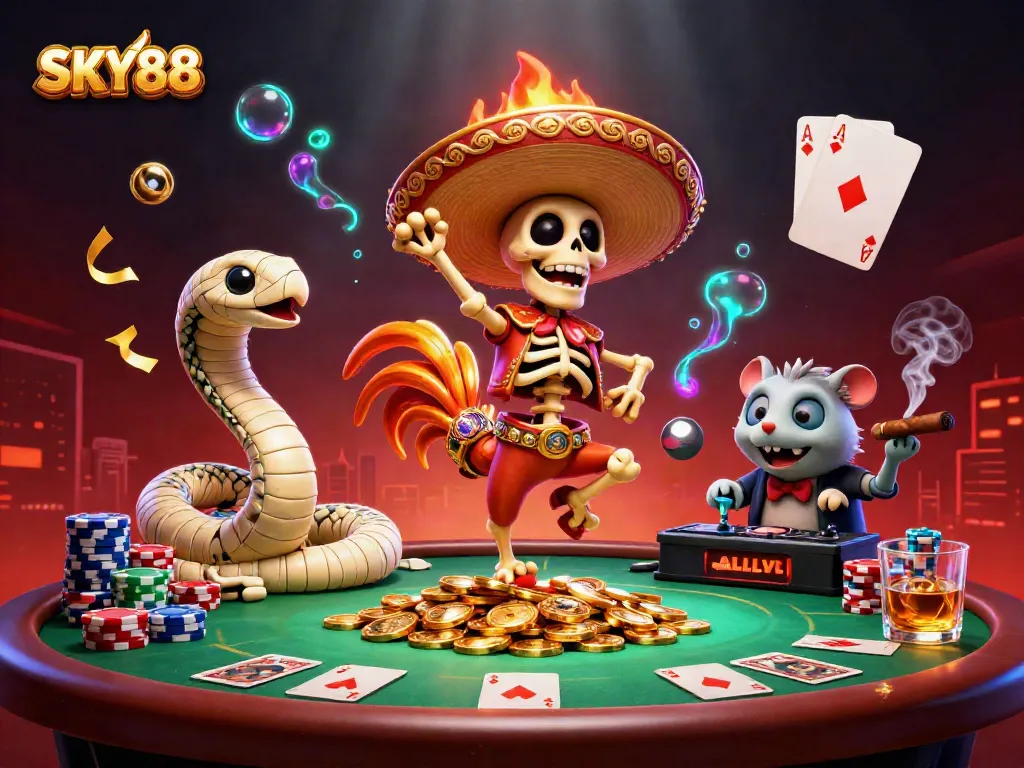 Win big with SKY88 in this vibrant 3D poker scene featuring thrilling game elements.