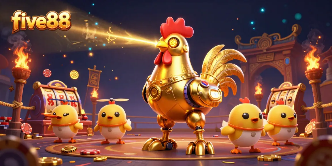 Experience high-stakes gaming with five88's dynamic casino scene featuring a golden rooster robot and baby chick drones.