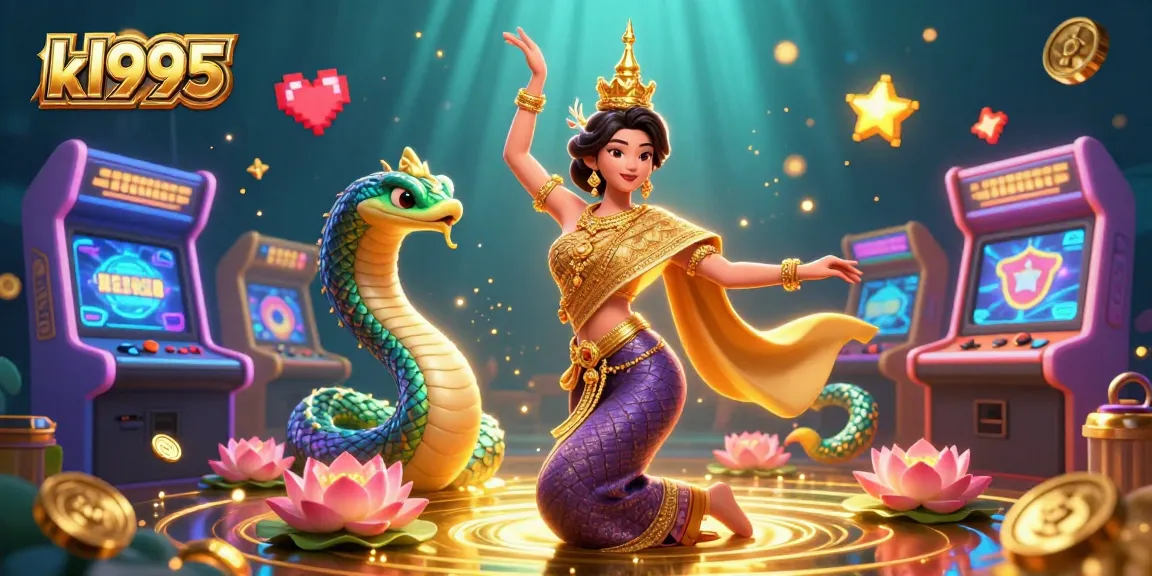 Experience thrilling games at kl995, featuring a graceful dancer and Naga serpent amidst vibrant casino elements.