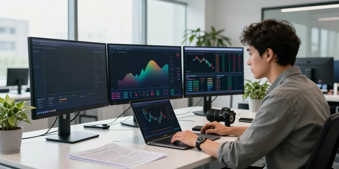 Cryptocurrency trader analyzing charts at quantumaiplatform.ca in a modern office.