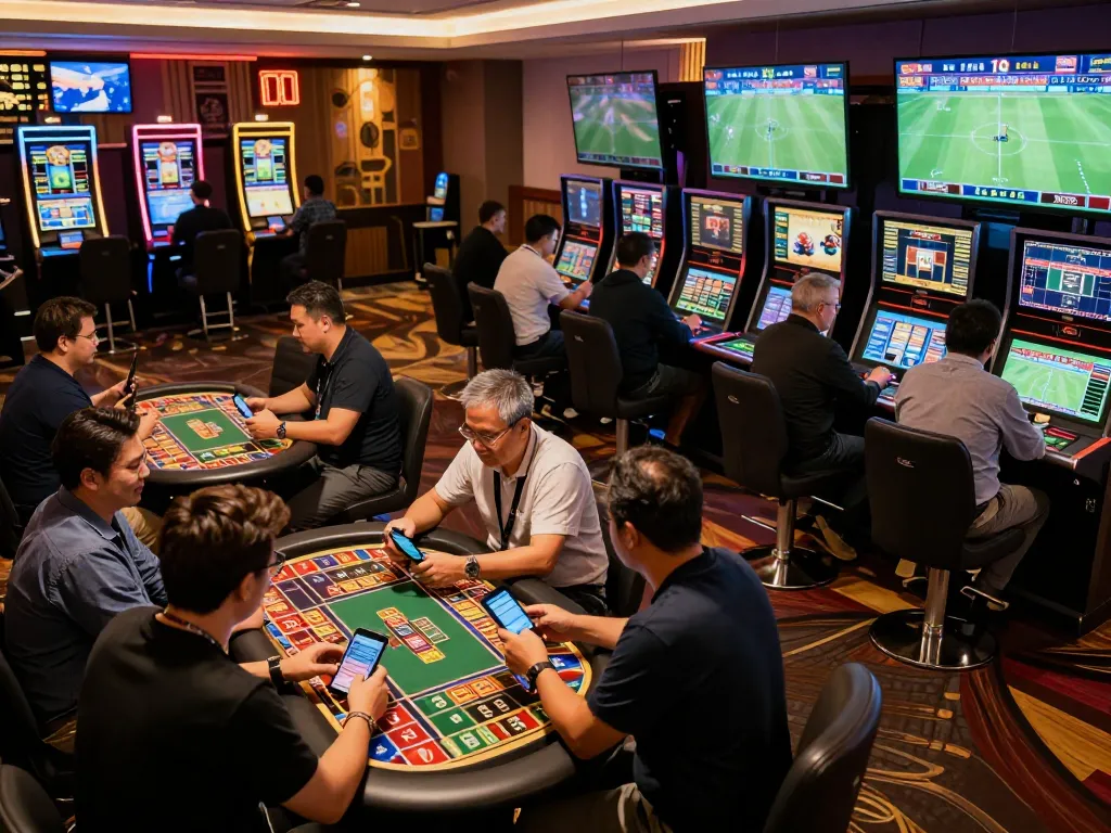 Engaged bettors using the https://xx88gg.net/ platform in a lively casino sports betting area, studying odds and enjoying the atmosphere.