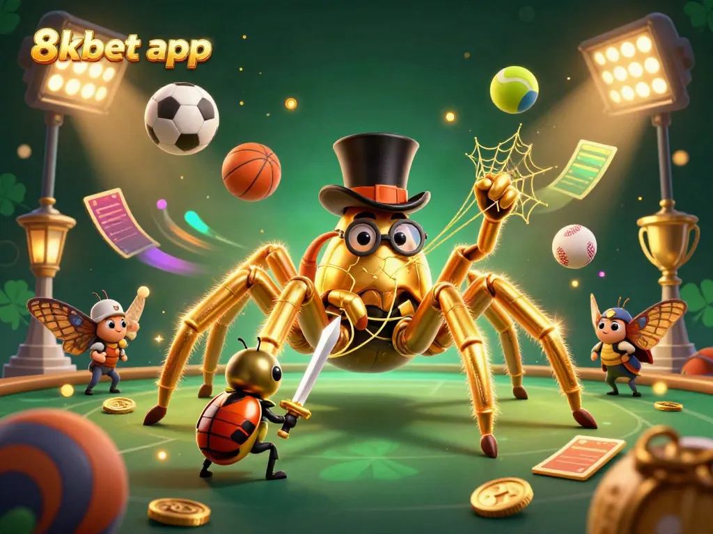Engage with the 8xbet app illustrated through a dynamic scene of a golden tarantula and beetle knight amid casino elements.