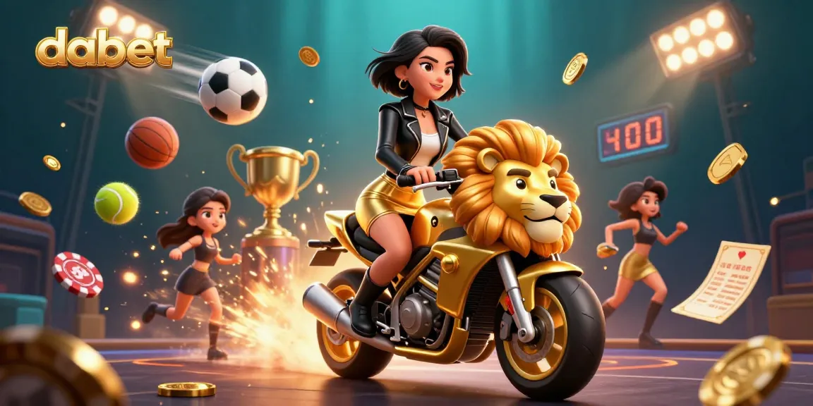 Engage with dabet's vibrant gambling scene featuring an Asian woman riding a golden lion mascot, immersed in the thrill of casino action.
