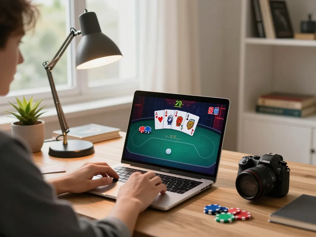 Engaging online gaming experience at home with XOCDIA88 poker game on display, person focused on strategic play.