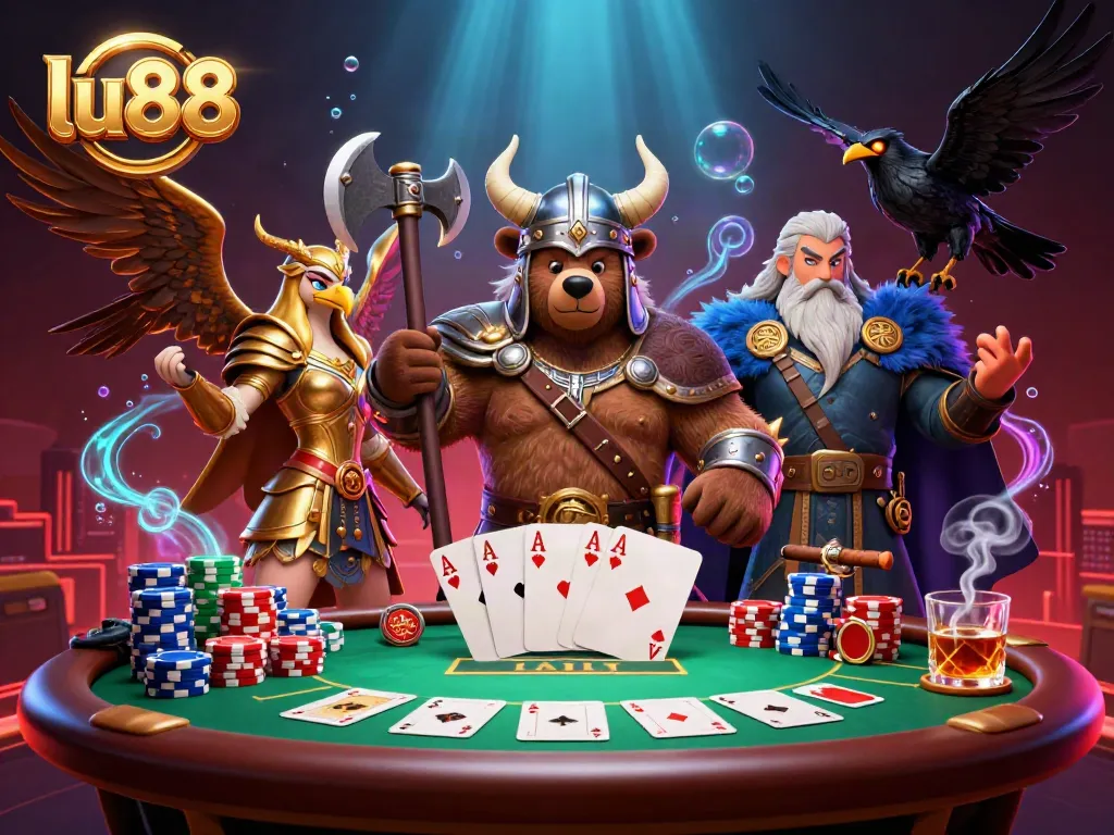 Experience the thrill of gambling at lu88 with a vibrant casino scene featuring dynamic characters and poker elements.