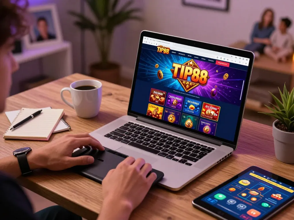 Engaging with TIP88 casino games at home using a laptop for online betting.