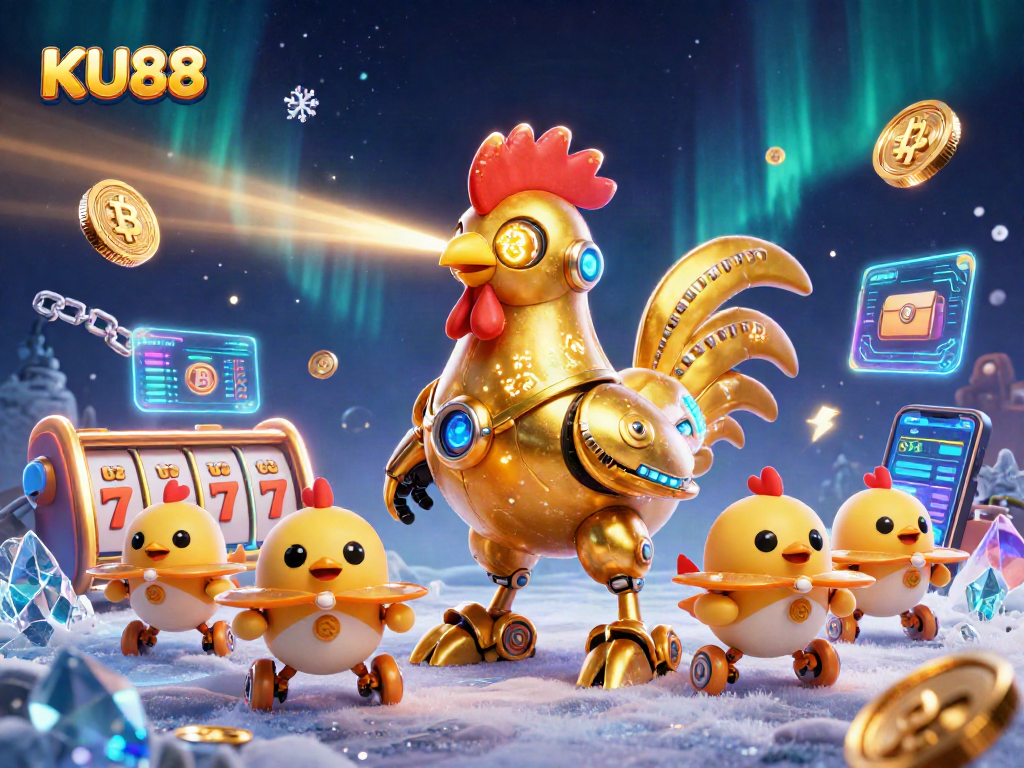 Experience thrilling moments at KU88 with a golden rooster robot and engaging slot game elements.