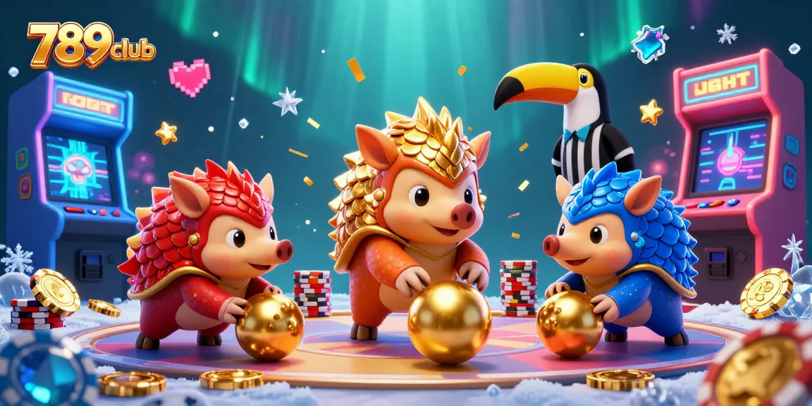 Win big with vibrant games at 789club, where cartoon pangolins roll golden balls amidst poker chips.