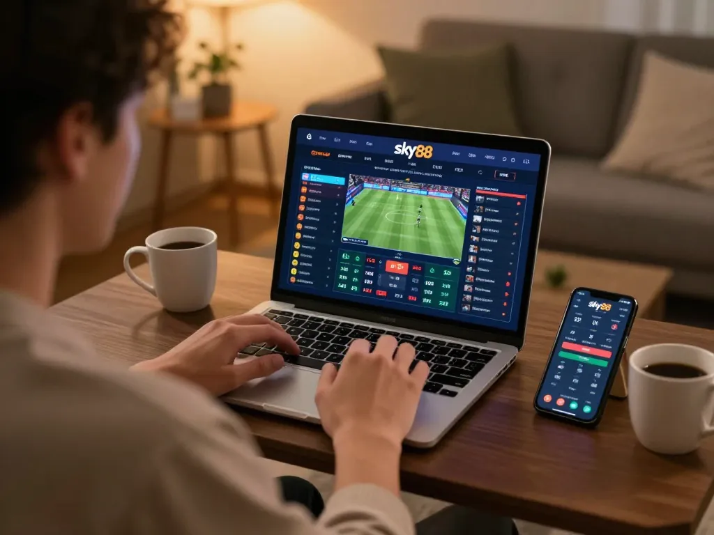 Engaging sports betting experience on Sky88 with a player focused on live odds in a cozy environment.