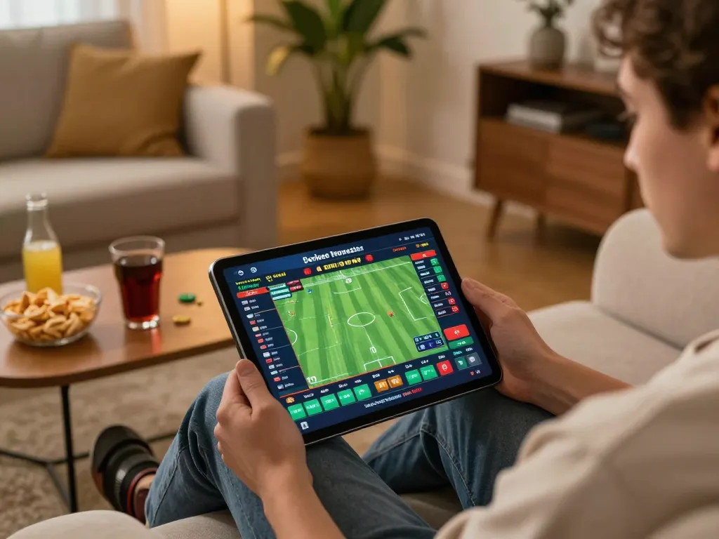 Betting on ph22 from home with live sports app on tablet, showcasing exciting gameplay.