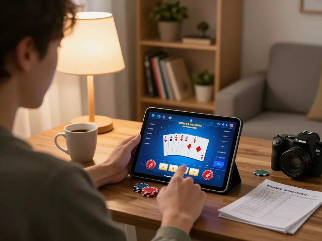 Person enjoying online poker gameplay on their tablet, featuring alo8 interface in a cozy home setting