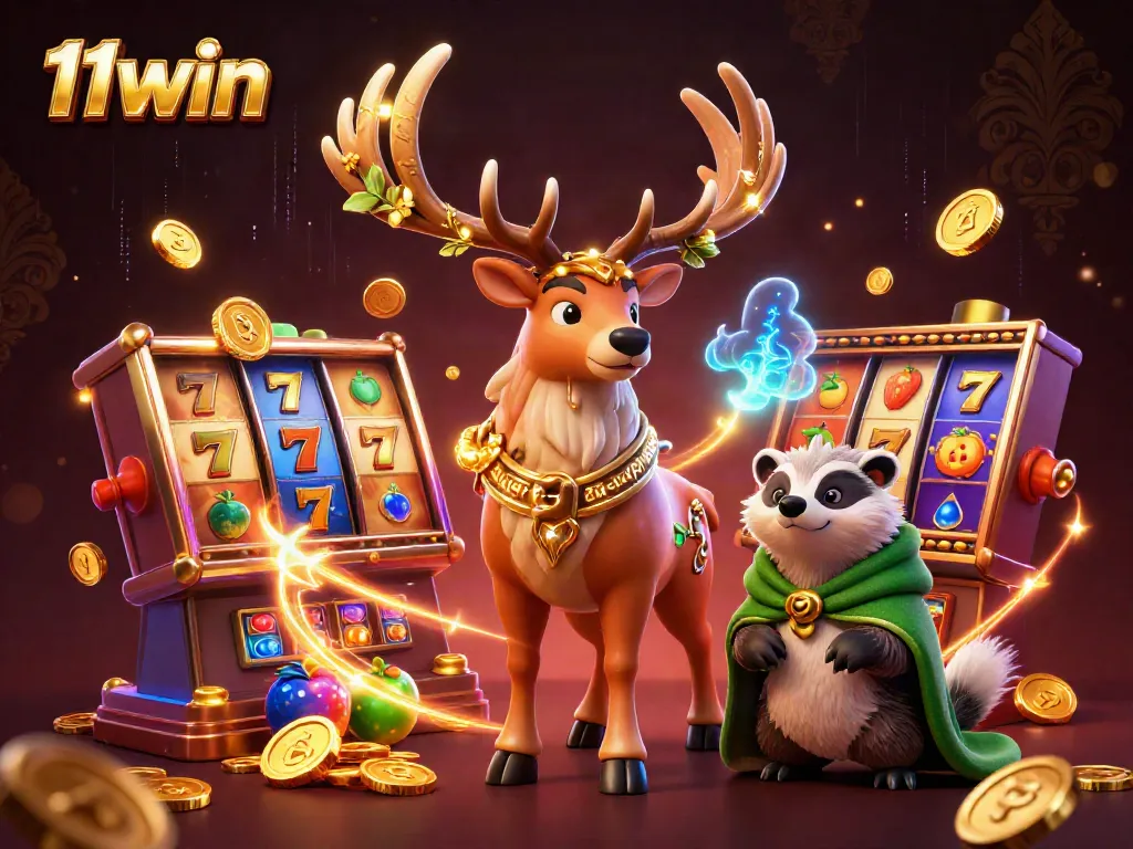 Experience the excitement of 11WIN with animated Celtic characters and glowing slot machines in a vibrant casino scene.