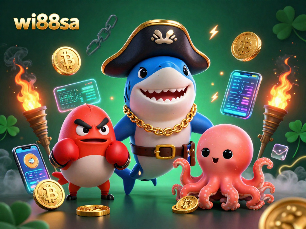 Spin and win at wi88sa with the pirate shark and octopus in a vibrant casino scene.